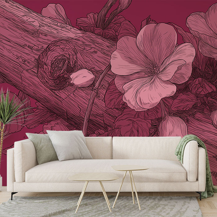 Papel de parede floral | Flores rosa em fundo de madeira texturizada