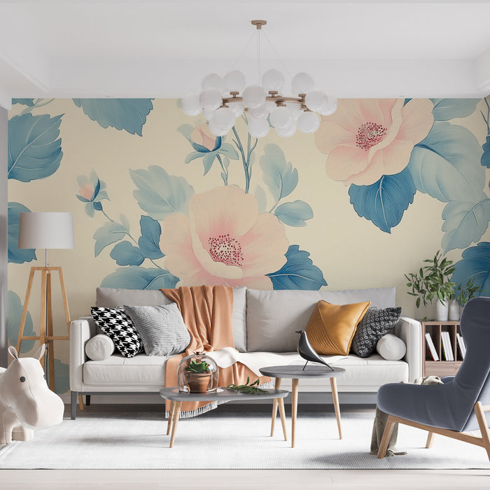 Mural Wallpaper floral | Pink and blue flowers on a light background