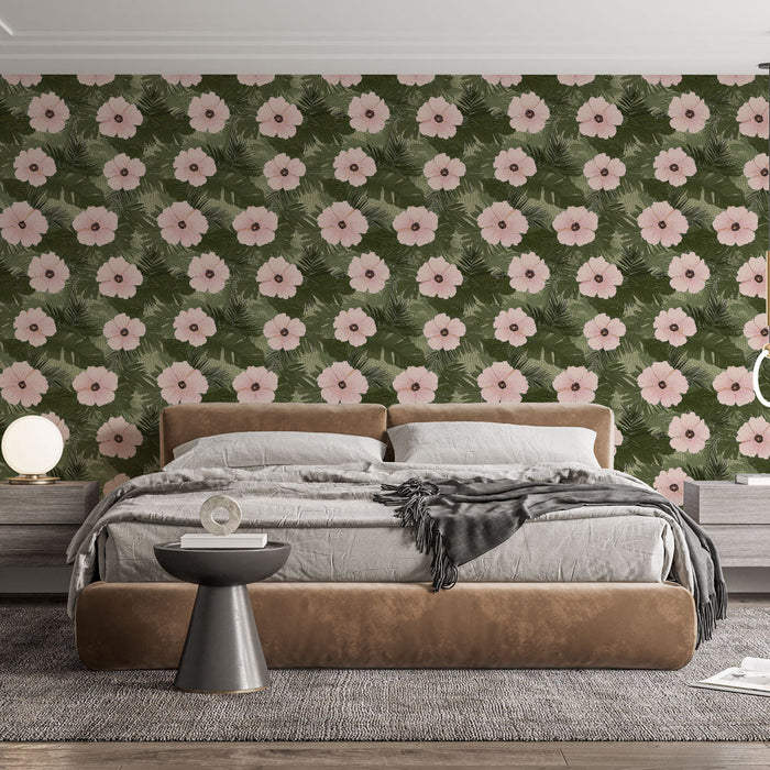 Fototapet çiçekli | Pembe çiçekler ve yeşil bir arka plan üzerinde bol yapraklı bitkiler