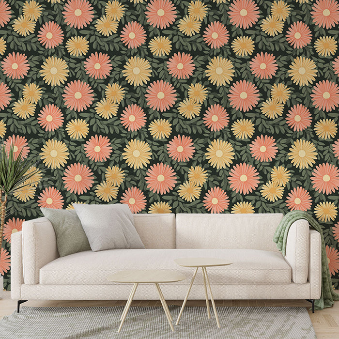 Fototapet çiçekli | Koyu yeşil arka plan üzerinde pembe ve sarı çiçekler