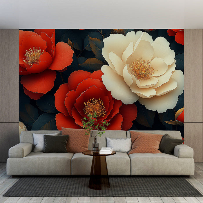 Mural Wallpaper floral | Red and white flowers on a dark background