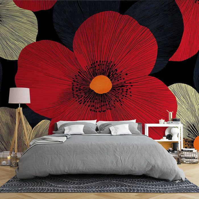 Foto Behang bloemen | Levendige bloemen op zwarte achtergrond