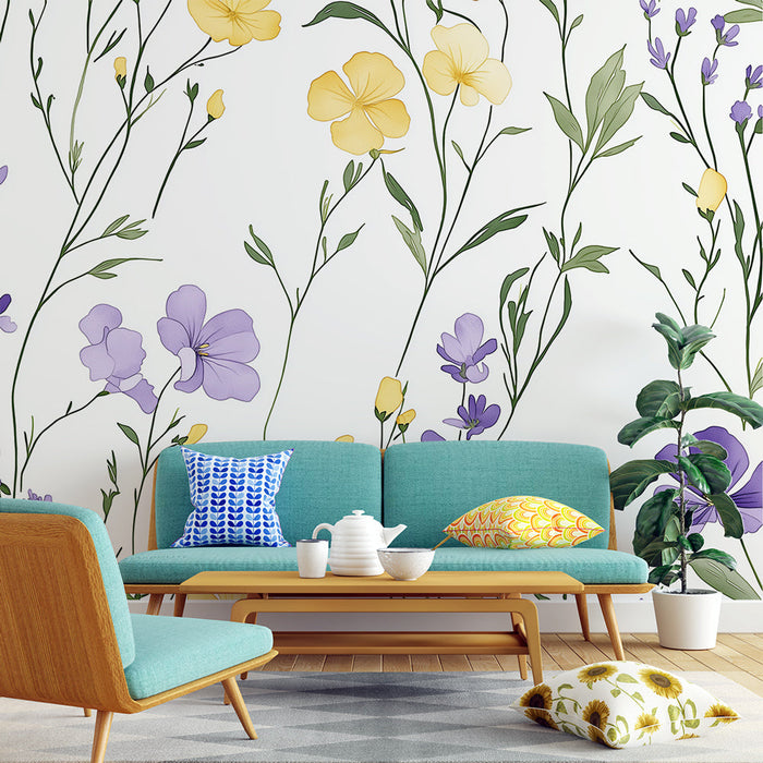 Falikép tapéta | Lila és sárga virágok fehér háttéren