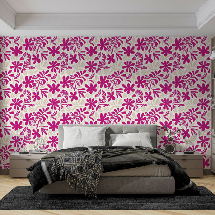 Mural Wallpaper floral fuchsia | Vibrant floral patterns on a light background