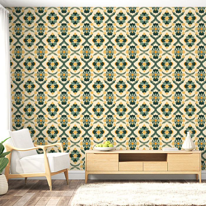Geometrická květinová tapeta | Zelené květinové vzory na krémovém pozadí