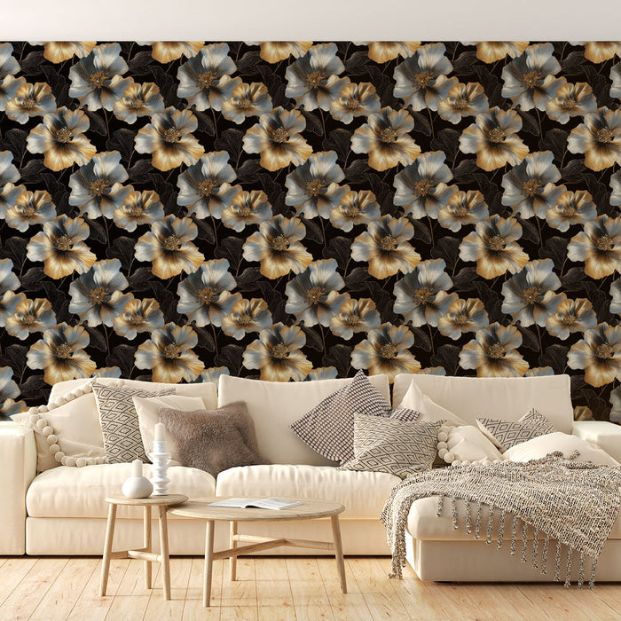 Fototapet çiçekli ihtişam | Siyah zemin üzerinde altın ve mavi çiçekler