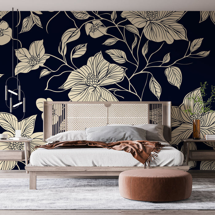 Mural Wallpaper Floral | Large Flowers and Foliage on Navy Background