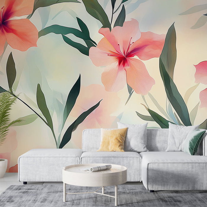 Seinapilt tapeet lilleline | Roosade lillede ja rohelise lehestiku pehme harmoonia