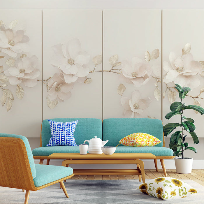 Fototapet çiçek taklidi tablo | Zarif çiçekler krem ve altın yapraklar yumuşak bir arka planda