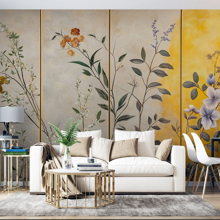 Tapet floral imitație tablou | Modele elegante de flori pe un fundal aur.