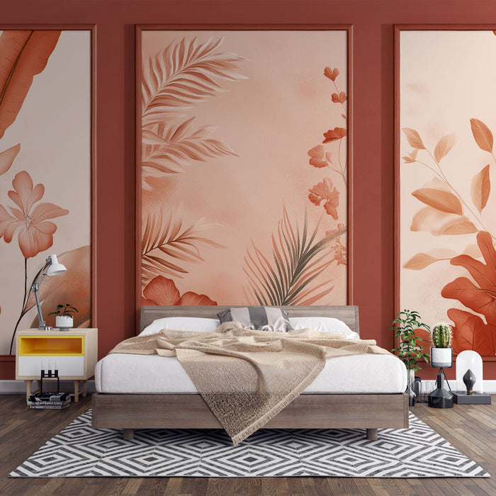 Foto Behang bloemen imitatie schilderij | Set van drie bloemenpanelen in rood en roze verloop