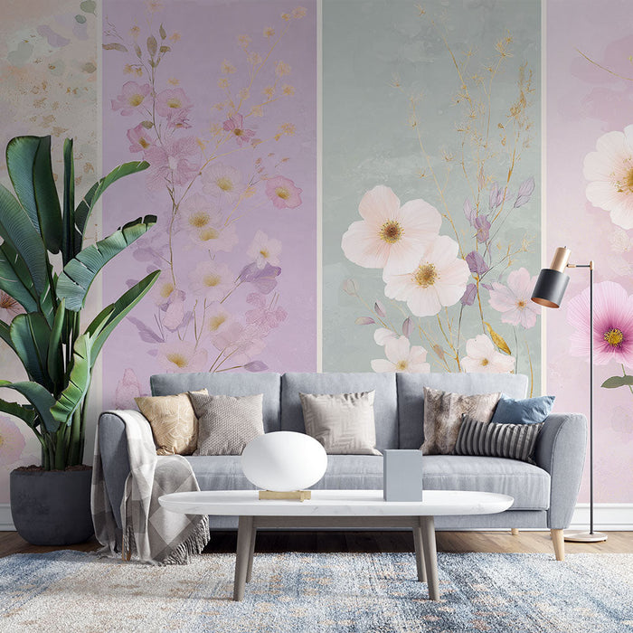 Papel de parede floral imitação de quadro | Flores delicadas em tons pastel e dourado