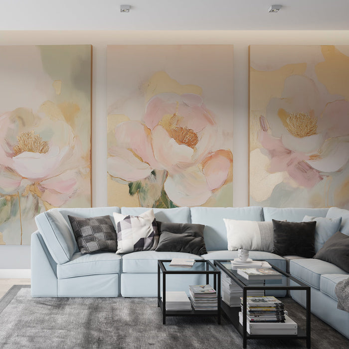 Fototapeet lilleline imitatsioon maalist | Suurepärased roosad lilled ja kuldsete puudutustega