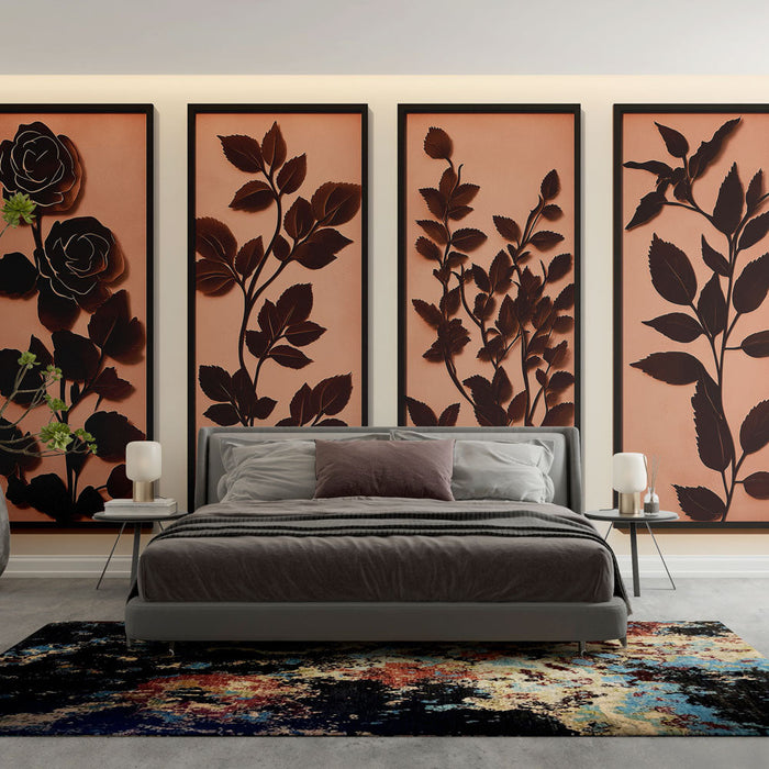 Тапет с цветен имитационен табло | Розови и листни модели с релеф върху теракотен фон