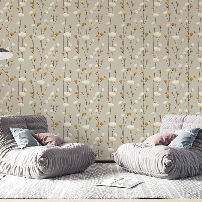Ivory and Gold Floral Mural Wallpaper | Delicate flower patterns on a beige background
