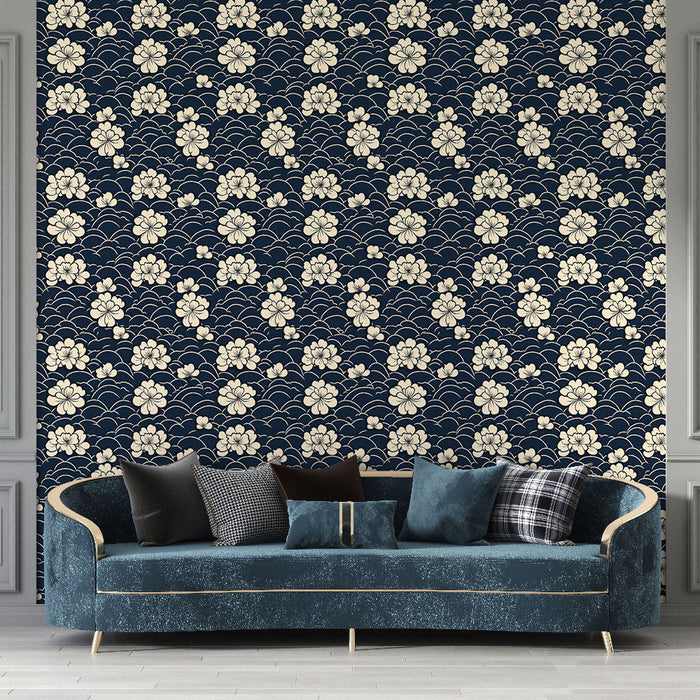 Jaapani lilleline tapeet | Õrnad lilled tumesinisel taustal