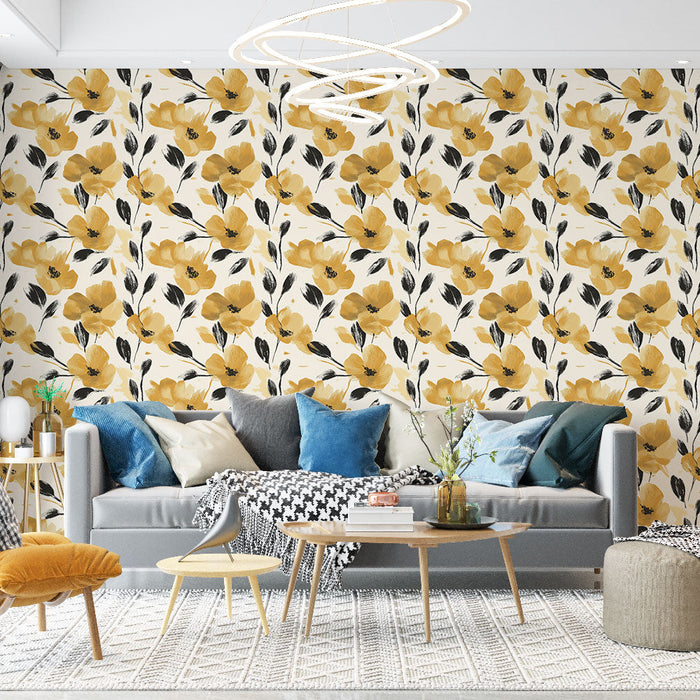 Fototapet sarı çiçekli | Açık zemin üzerinde siyah yapraklarla sarı çiçeklerin parlaklığı
