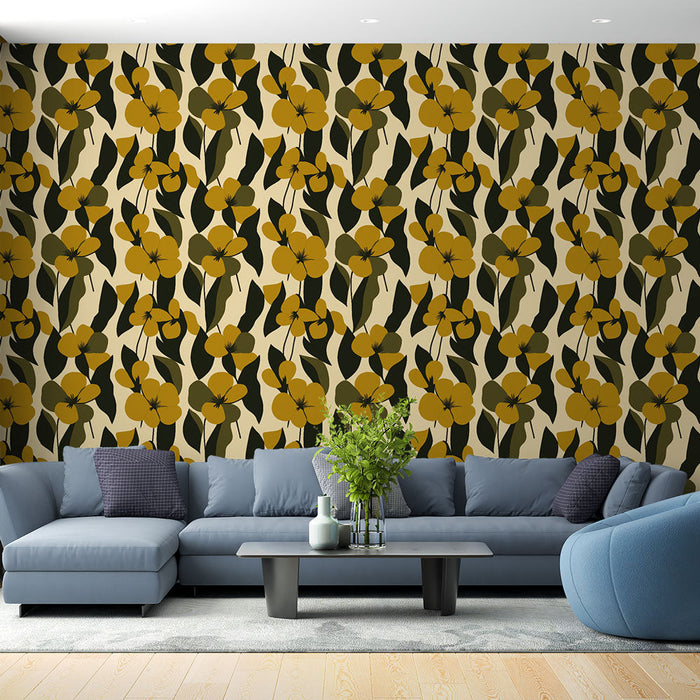 Fototapet çiçekli sarı ve siyah | Açık arka plan üzerinde zarif çiçek deseni