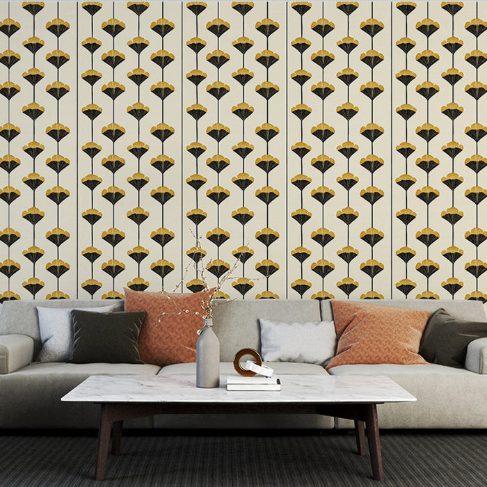 Fototapet blomstrende gul og svart | Delikate stiliserte blomstermønstre på en lys bakgrunn