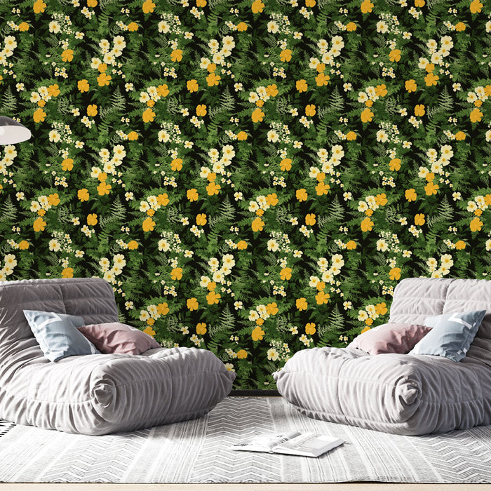Fotótapé virágos sárga és zöld | Bőséges minta sárga és fehér virágokkal fekete háttéren