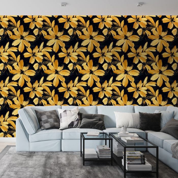 Tapeta s květinovým motivem žlutá | Světlé květiny na černém pozadí