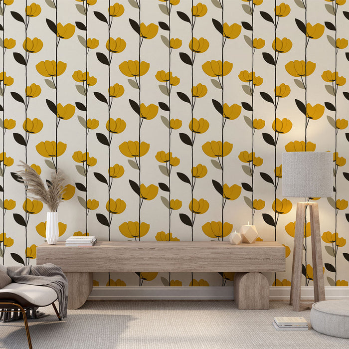 Tapete cvjetni žuti | Žuti cvjetni uzorak na krem ​​pozadini