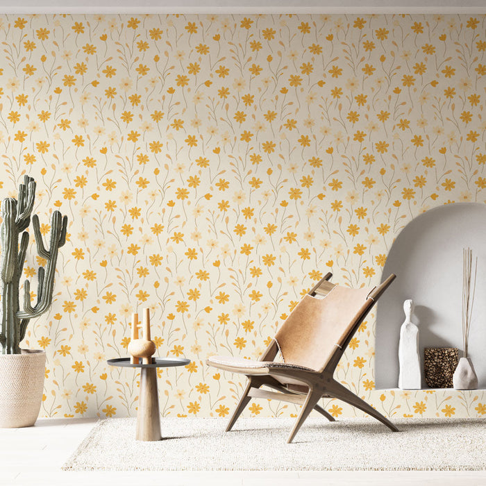 Carta da parati murale floreale gialla | Motivo di piccoli fiori su sfondo crema