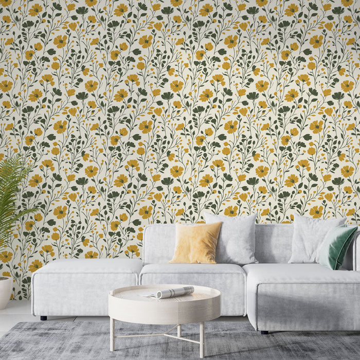 Yellow floral mural wallpaper | Bright pattern of golden flowers and delicate foliage