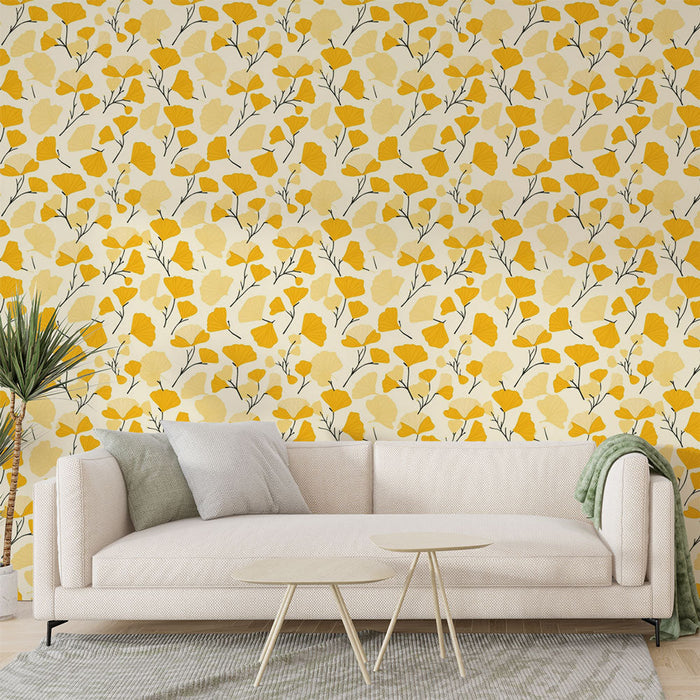 Papel de parede floral amarelo | Padrões de folhas amarelas e brancas em um fundo creme