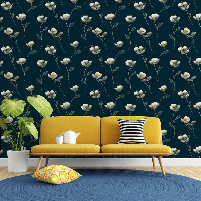 Carta da parati murale floreale | Fiori delicati su uno sfondo blu notte