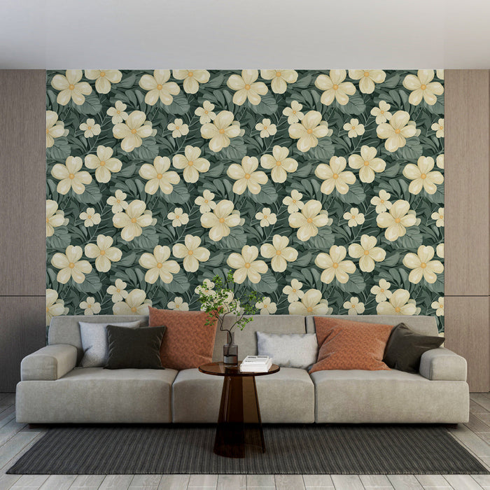 Fototapet lyse blomster | Gule blomster på en frodig grøn baggrund