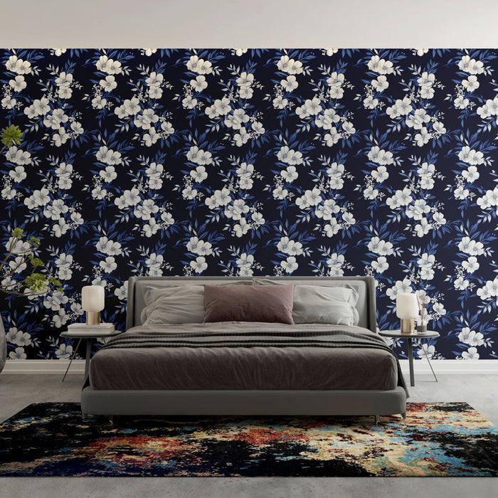 Mural Wallpaper floral marine | White flowers on a midnight blue background