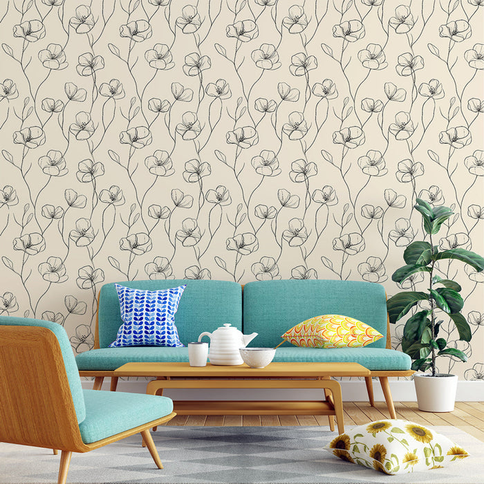 Minimalistinen kukka-tapetti | Herkät kukkakuvioinnit mustalla beigellä taustalla