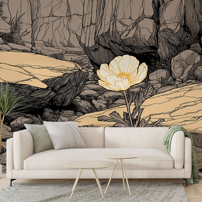 Minimalist floral mural wallpaper | A single flower on a background of sketched rocks