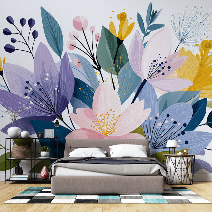 Modern Floral Mural Wallpaper | Finom csokor színes virágokkal és változatos levelekkel