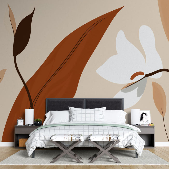 Tapeta cvjetni moderni | Stilizirani listovi i cvjetovi na bež pozadini