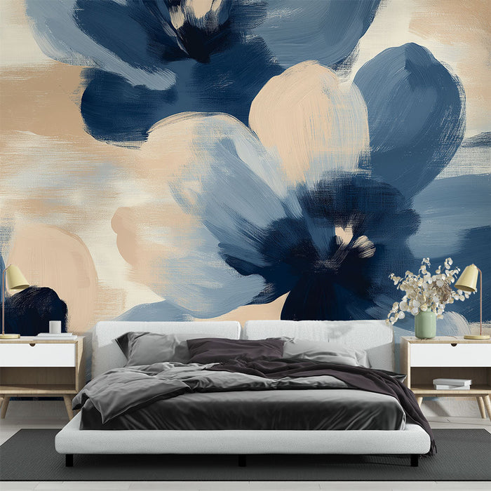 Papel pintado moderno floral | Flores abstractas en tonos azules y beige