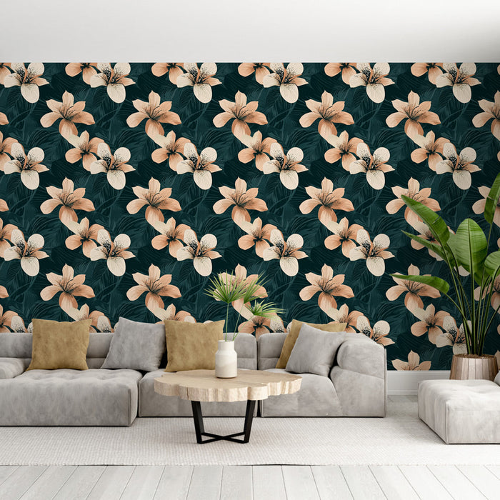 Tapet mural modern cu motive florale | Flori delicate pe fundal închis