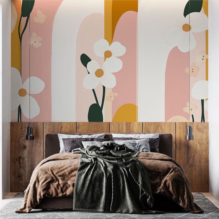 Ταπετσαρία τοίχου floral μοντέρνα | Πολύχρωμο μοτίβο με λευκά λουλούδια και αφηρημένα σχήματα