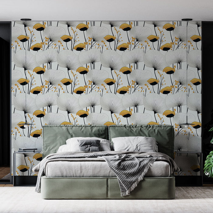 Tapet mural floral modern | Model cu flori albe și galbene cu accente negre