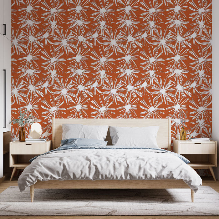 Tapete cvjetni moderni | Bijeli cvjetni uzorak na terakota pozadini