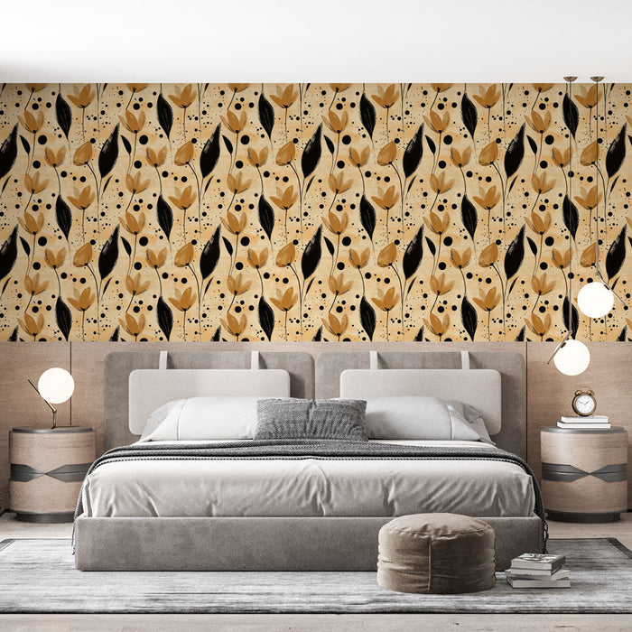 Modern Floral Mural Wallpaper | Gyllene blomma och svart bladsmönster på en beige bakgrund