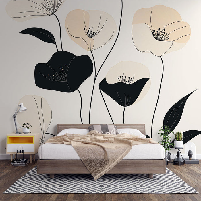 Tapet floral modern | Modele de flori stilizate în negru și bej