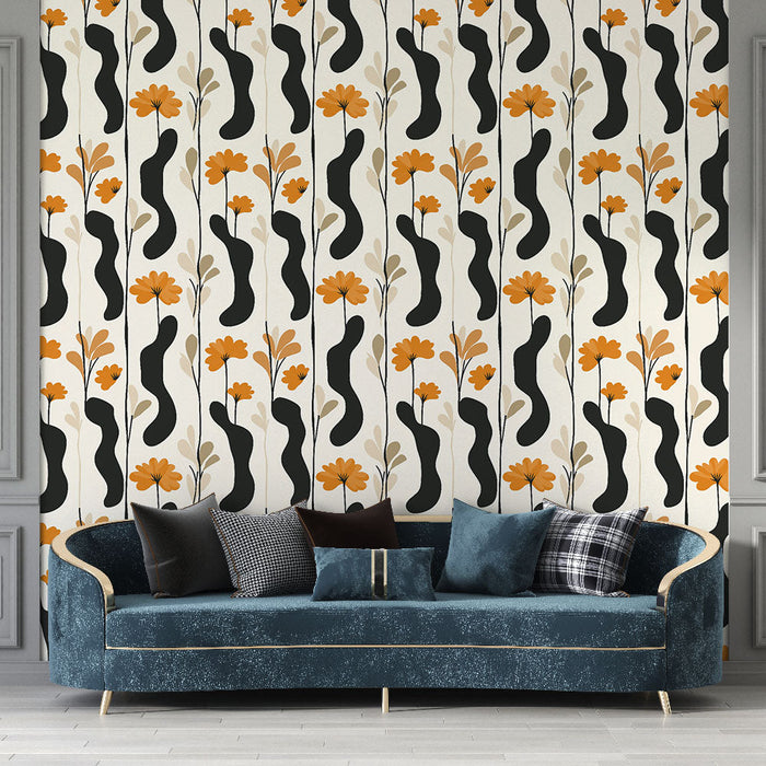 Tapete moderne florale Wandgemälde | Schwarze und orangefarbene Muster mit Blumen und fließenden Formen