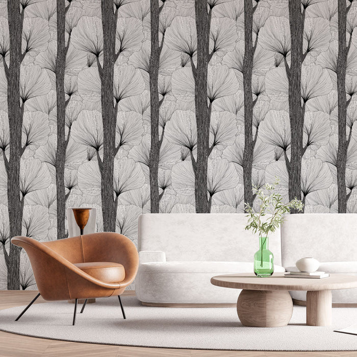 Foto Behang bloemen monochroom | Motief van bloemen en boomstammen in zwart en wit