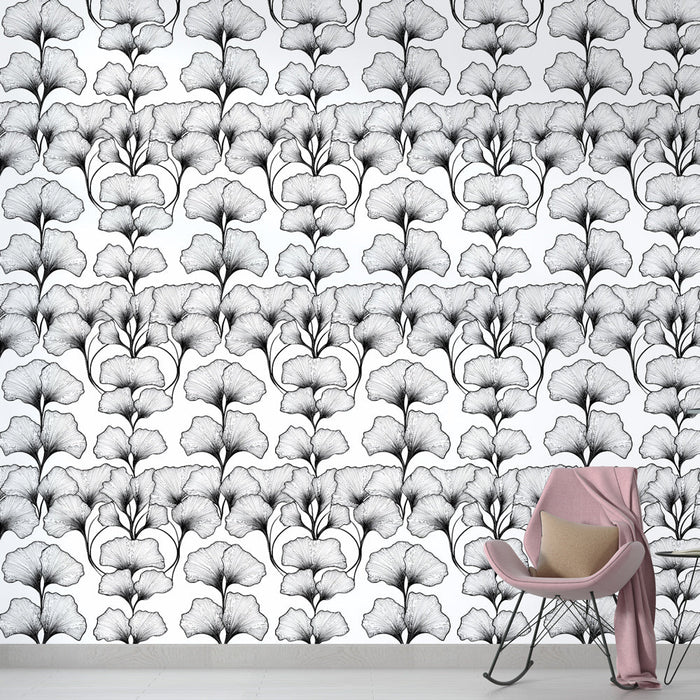 Monokrom blomstermønster Fototapet | Delikat mønster av stiliserte blomster i svart og hvitt