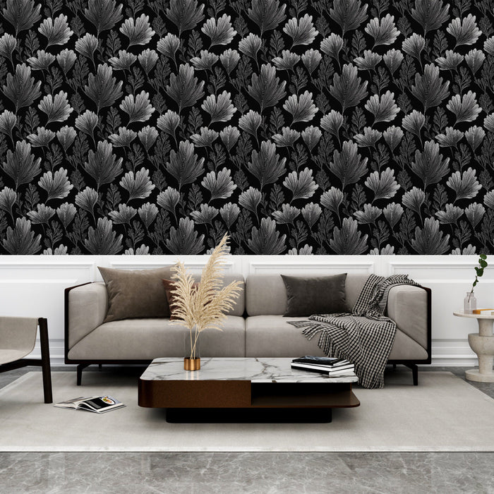 Fotótapéta virágos fekete-fehér | Részletes levél minták fekete háttéren