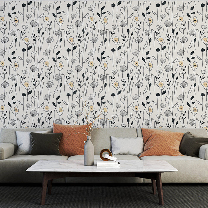 Papel de parede floral monocromático | Padrões delicados de flores em preto e bege