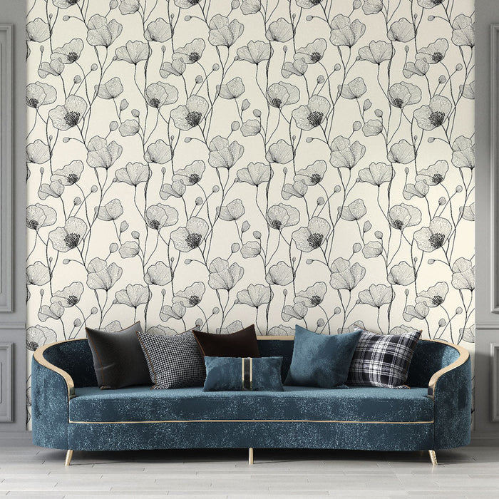 Papel de parede floral monocromático | Padrões delicados de flores em um fundo bege