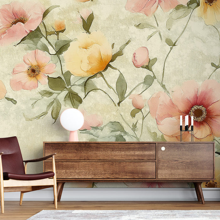 Mural Wallpaper floral | Watercolor pattern with pastel flowers